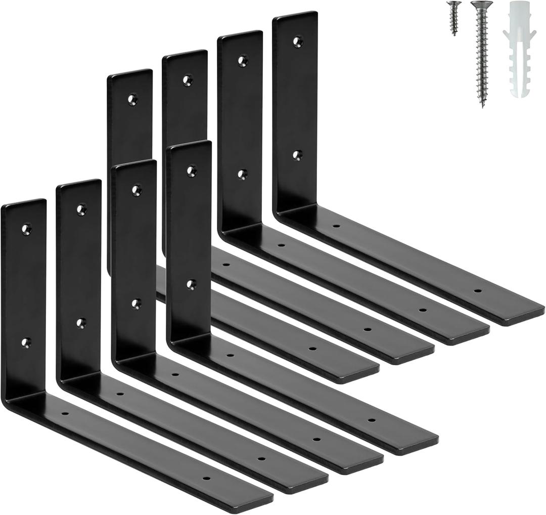 ELSKER&HOME Shelf Brackets 10 Inch, 8 Pack Floating Shelf L Brackets for Shelves Support, Black Metal Heavy Duty Shelf Brackets for DIY Decorative