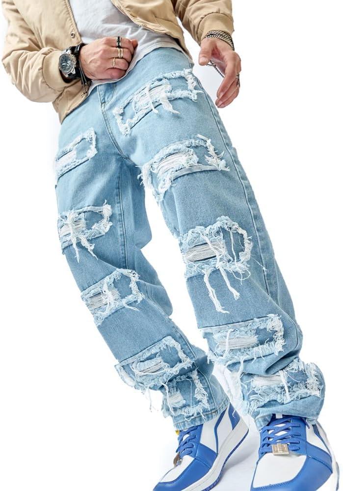 WEIBUMAOYI Men's Wide-Leg Jeans Straight Leg Carpenter Denim Pants Loose fit Trousers (34, Bluepatch005)