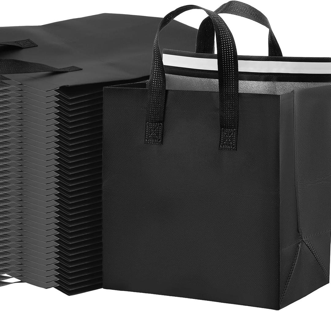50 Pcs Insulated Take Away Bags,Thermal Insulation Food Bag for Coffee, Milky Tea,Take-away Dinner, Fresh Seafood, Cold or Warm Food drive for Restaurant, Retail Store or Picnic/BBQ (Black)