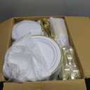 BESTVIP 600PCS Gold Dinnerware Set for 100 Guests, Plastic Plates for Party, 100 Gold Disposable Plates, 100 Dessert Plates, 100 Cups, 100 Spoons, 100 Forks and 100 Knives
