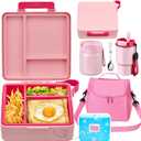 Pawtong Lunch Box Set with Bento Box Container, 17OZ Stainless Steel Food Soup Thermo, Kids Water Bottle & Portable Insulated Lunch Bag Leakproof, Hot/Cold Retention for School, Travel(Pink)
