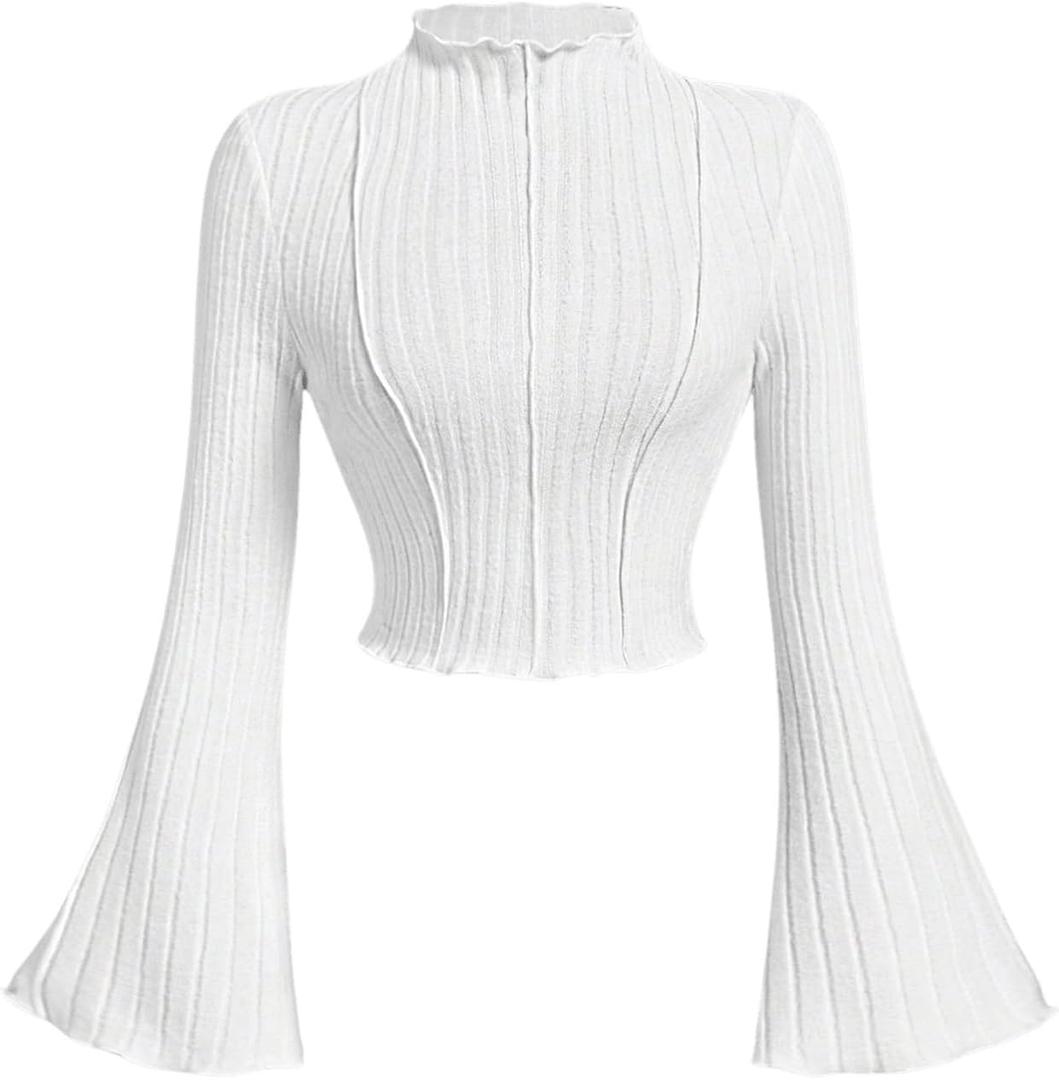 SOLY HUX Women's Mock Neck Bell Long Sleeve Tee Crop Top Lettuce Trim Slim Fit Going Out T Shirt (Medium)