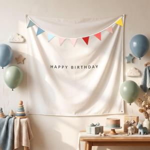 Gilprop Boho Happy Birthday Tapestry Decoration Set 59x59'' White Fabric Backdrop with Colorful Triangular Bunting and Happy Birthday Sign Reusable Customizable Decor for Party Wall Porch(Multicolor)
