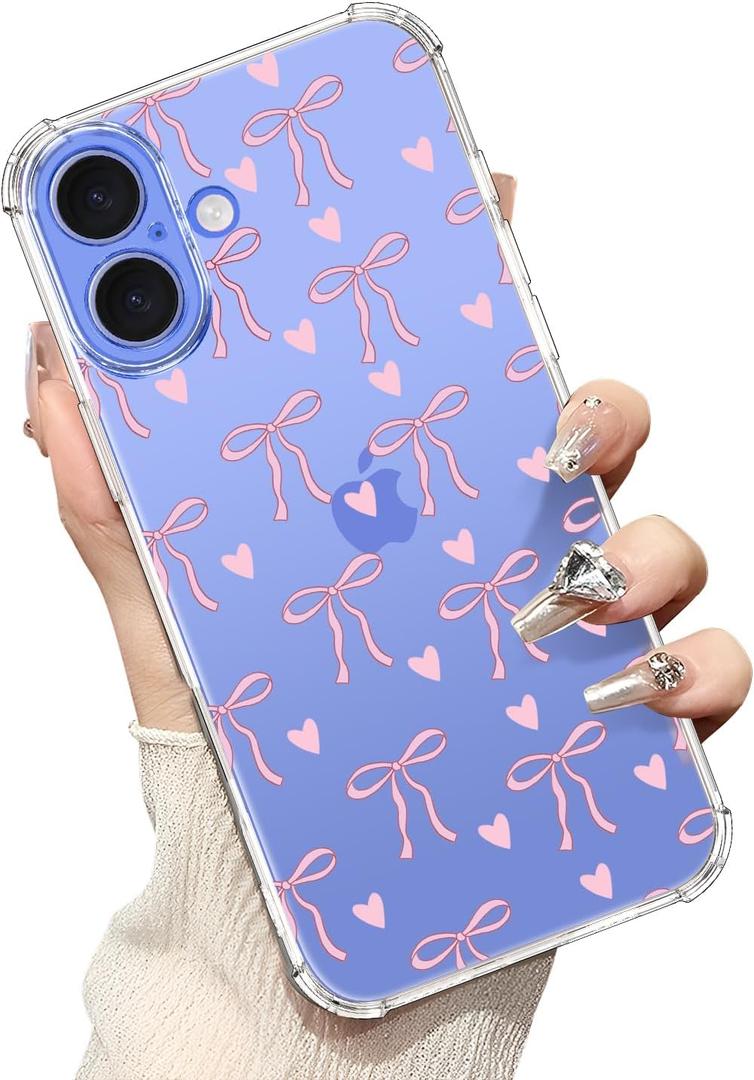 bicol for iPhone 16 Case with Screen Protector,Enhanced Camera Protection,Clear TPU Cover with Trendy Designs for Girls Women,Slim Fit Protective Phone Case,Pink Heart Ribbon Bow