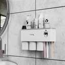 ROCK CLOUD Toothbrush Holder Wall Mounted Automatic Toothpaste Dispenser Squeezer Kit Saving Space, 4 Toothbrush Slots,2 Cups and Drawers for Bathroom (Gray)