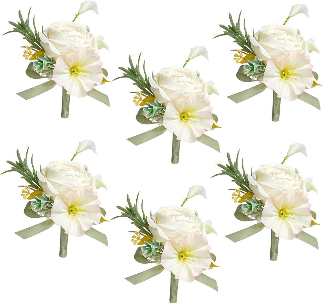 AuroraAria Bridal White Boutonniere for Men,Set of 6,Groom Boutonniere for Wedding,Anniversary,Homecoming,Formal Dinner Party,Wedding Decor,Artificial Bridal White Rose