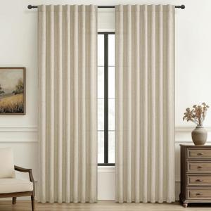Natural Melange Linen Semi Sheer Curtains & Drapes 84 Inch Length 2 Panels Set for Living Room,Warm Beige Pleated Light Filtering Thick Cortinas Para Sala Privacy Window Burg Decor 52"Wx84"L,Tiebacks