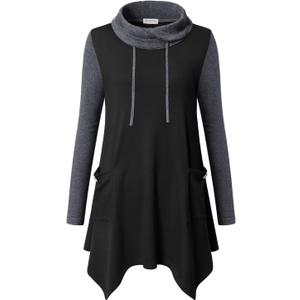Bulotus Women's Long Sleeve Cowl Neck Asymmetrical Hem Tunic Tops with Pockets (Medium, Black Gray Patchwork)
