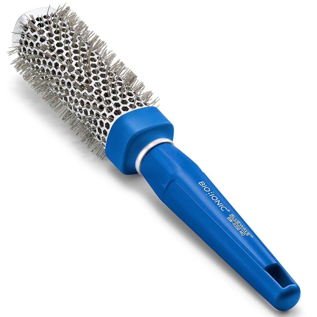 Bio Ionic BlueWave Round Brush, NanoIonic Conditioning Hair Brush with Crimped Bristles for Tension, Soft-Touch Easy Grip Handle - Professional Styling Brush