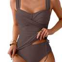 B2prity Tankini Swimsuits for Women Tummy Control Two Piece Bathing Suit High Waisted Wrap Swim Suit with Bottom Swimwear Coffee L