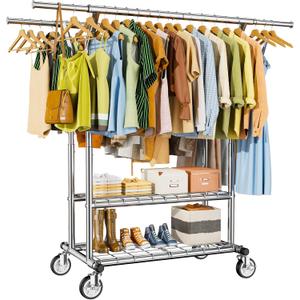 Heavy Duty Clothes Rack, Rolling Clothing Racks With Shelves Load 620 LBS, Double Rod Clothing Racks for Hanging Clothes, Portable& Adjustable Clothes Rack with Wheels Garment Rack, Silver