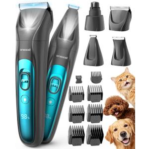 oneisall Professional Dog Grooming Kit at Home: All-in-One Quiet Clippers & Nail Grinder with LED Light, 2000mAh Cordless Dog Shaver, Safe Poodle Grooming Kit for Paws, Face, Ears & Body (Blue)