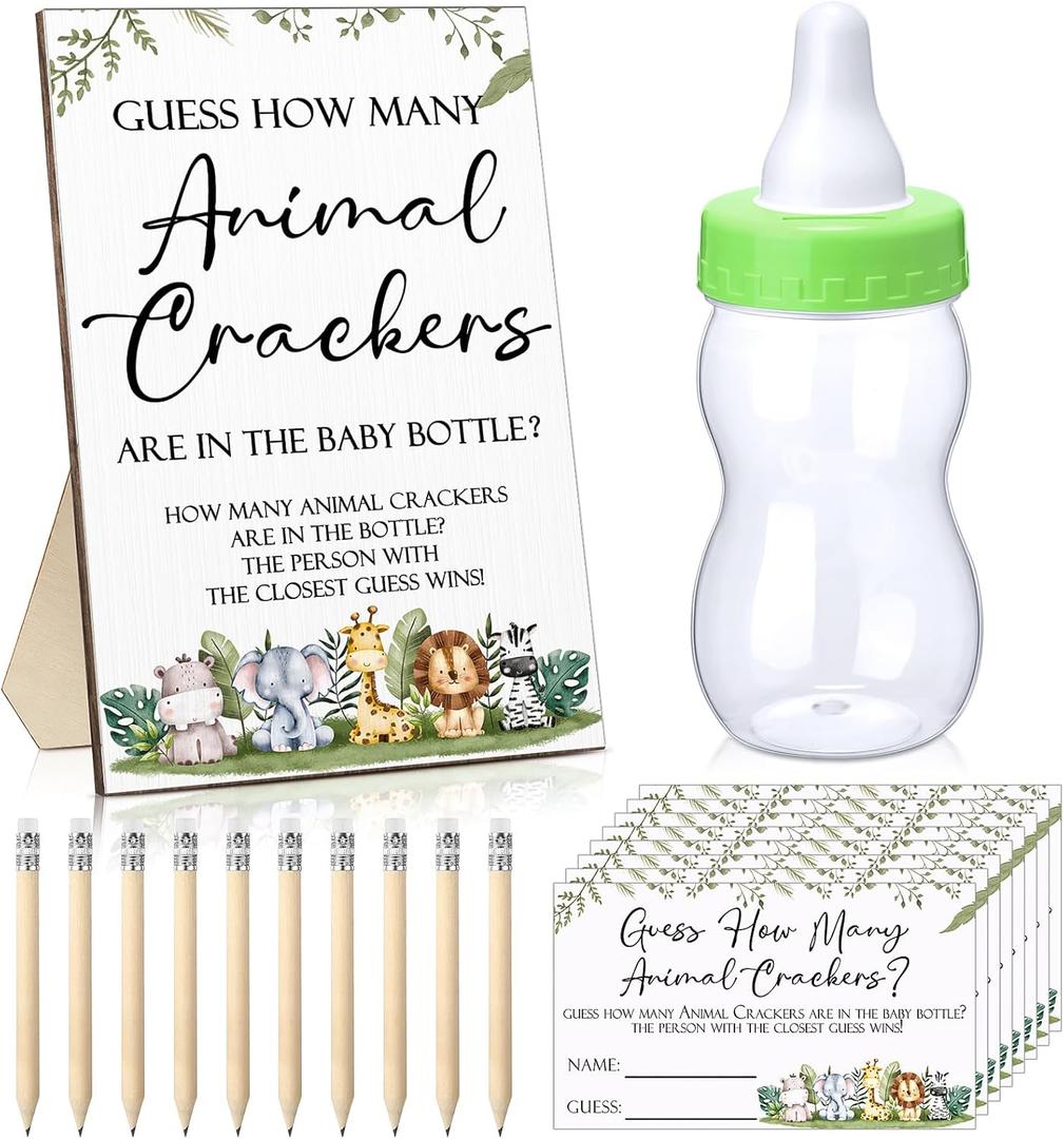 Dandat 122 Pcs Woodland Safari Baby Shower Games Guess How Many Crackers Sign 100 Guessing Cards Milk Bottle 20 Pencils for Animal Jungle Theme Baby Shower Gender Reveal Party Decor(Animal)