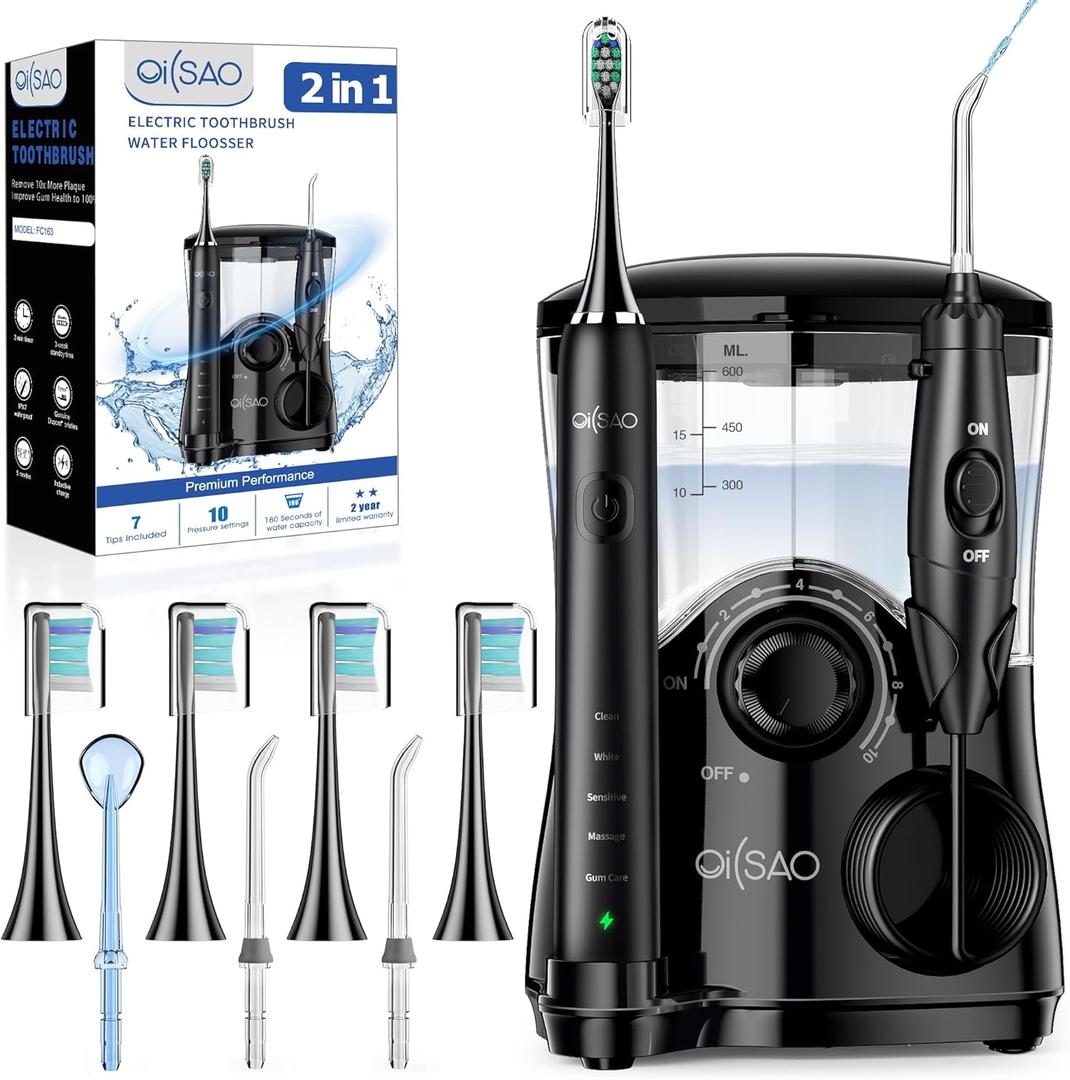 Professional Electric Toothbrush with Water Flosser, 600ML Water Dental flosser Ultrasonic Toothbrush Combo, Brushing & Flossing- for Teeth Cleaning and Gum Health with Extra Tips for Multiple Users (Black)