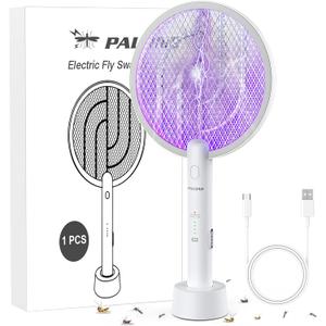 PALONE Electric Fly Swatter 4000V Bug Zapper Racket, Dual Modes Mosquito Killer with Battery, Rechargeable Mosquito Killer Lamp with 3 Layers Safety Mesh for Indoor and Outdoor, White 1P