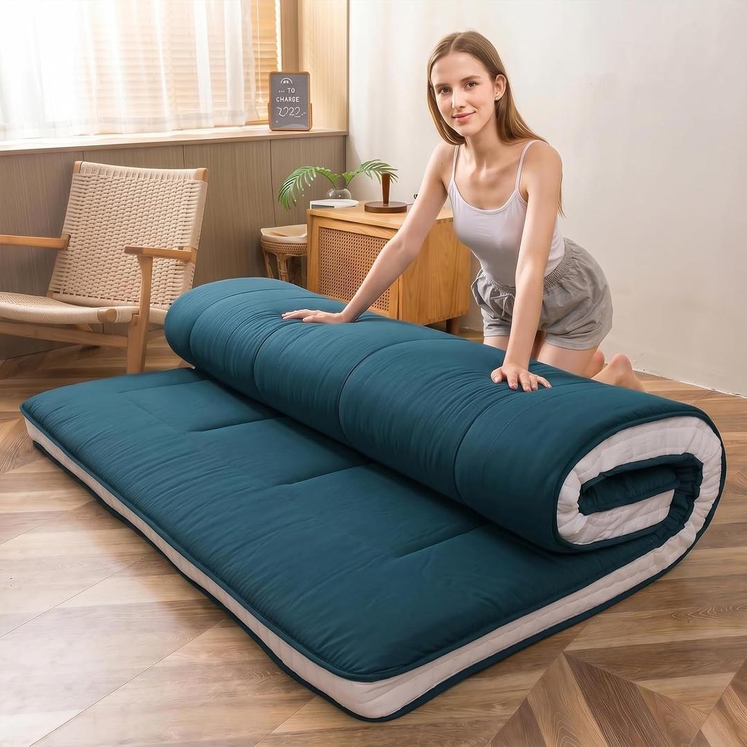 MAXYOYO Futon Mattress, Padded Japanese Floor Mattress Quilted Mattress Topper, Extra Thick Folding Sleeping Pad Breathable Floor Lounger Guest Couch for Camping, Bluestone, Full Size