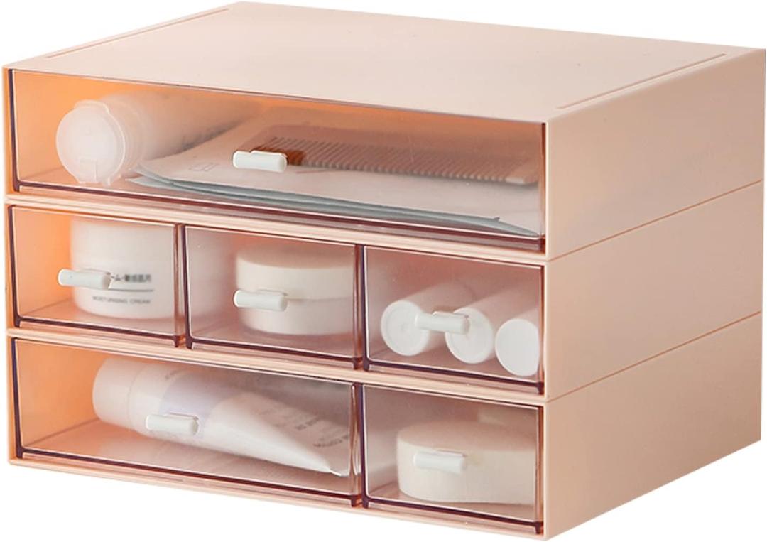 MILULUGO Desk Organizer with 6 Drawers, Makeup Organizer, Plastic Makeup Storage, Cosmetic Storage Organizer, Desk Storage Box, Bathroom Organization Boxes, Desktop Storage Box(Pink)