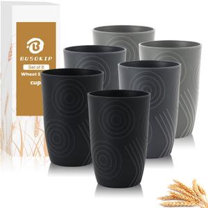 Wheat Straw Cups 6 PCS - 16 OZ Drinking Glasses, Unbreakable Drinking Cup, Water Tumbler for Kitchen, Alternative to Plastic Cups Reusable Dishwasher Safe (Black, Grey)