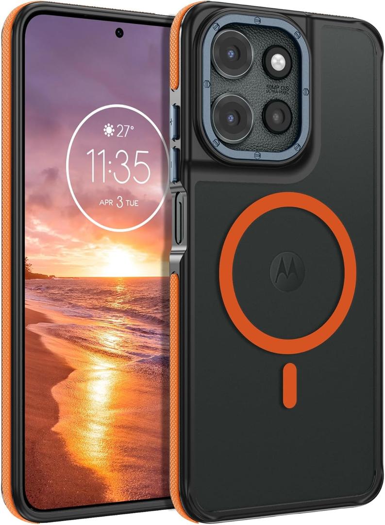 GaoBao Magnetic for Moto G 2025 Case/Moto G Play 2026 Case [Compatible with Mag-Safe] [Military-Grade Protection] Slim Translucent Matte Shockproof Anti-Fingerprint Phone Case, Black/Orange