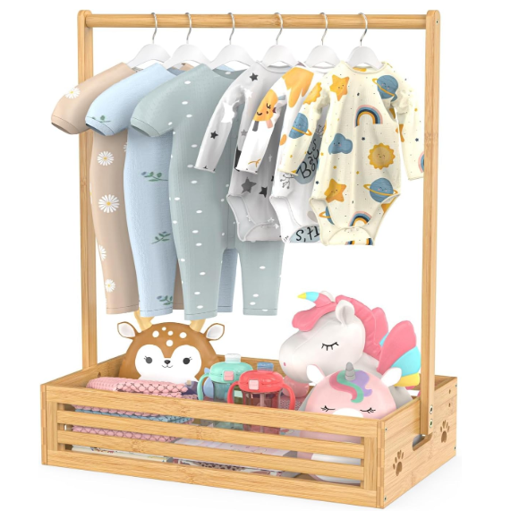 BAMBOOHOMIE Baby Clothing Rack for Toddler, Pets Clothes Rack with Storage Box & Adjustable Hanging Rod for Dogs/Cats, Baby Shower Clothes Closet Rack with Handle for Nursery Room (Natural, Baby)
