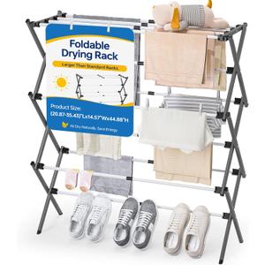 APEXCHASER Large Clothes Drying Rack, Metal Expandable Laundry Rack, 44.88" Height, Adjustable Width 20.87-35.43in, Space Saving Foldable, Indoor Outdoor Use for Laundry, Towels, Shoes, Grey White, Small