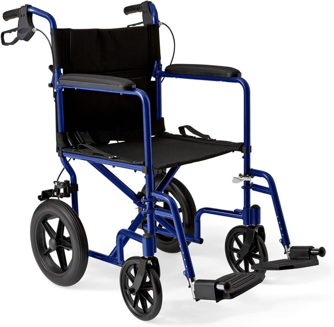 Medline Lightweight Foldable Transport Wheelchair with Handbrakes and 12-Inch Wheels, Blue Frame, Black Upholstery