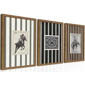 Framed Vintage Western Cowboy Wall Art Set of 3, Retro Cowboy Stamp and Stripe Prints, Classic Mid Century Riding Canvas Artwork, Rural Western Wall Decor for Living Room Bedroom Office 16x24in