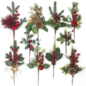 10 Pcs Artificial Pine Picks Christmas Pine Picks Pine Needles Branches with Red Berry Pinecones Berry Branches Fake Berries for Flower Arrangements Wreaths Holiday Xmas Tree Decoration
