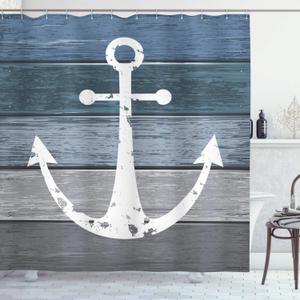 Ambesonne Anchor Blue Pattern Shower Curtain with Hooks Nautical Style Rustic Illustration of Timeworn Marine Motif Old Weathered Planks Oceanic Farm House Decor for Bathroom 69" W x 70" L Cadet Grey (69"W x 70"L (Pack of 1), Blue Grey)