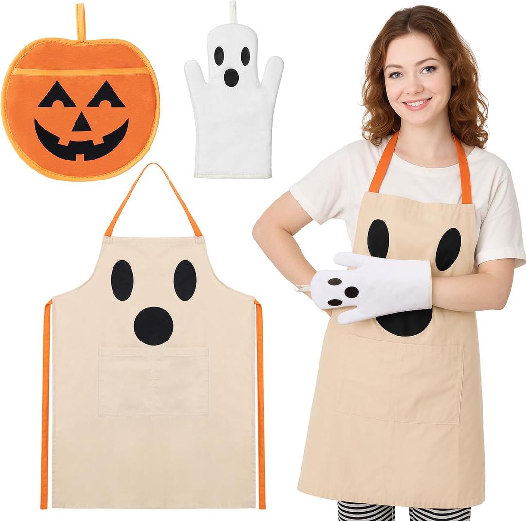 3 Pcs Halloween Ghost Apron Set, Waterproof Ghost Apron, Pumpkin Pot Holders Ghosts Oven Mitts Halloween Kitchen Utensils for Home Cooking, Baking, BBQ, Gardening