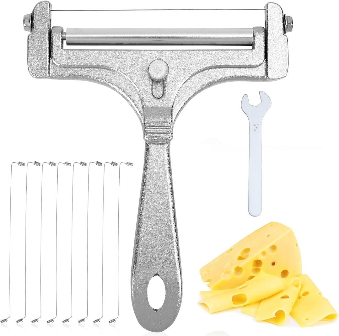 Stainless Steel Wire Cheese Slicer, Handheld Cheese Cutter with 8 Replacement Wires & Wrench Food Slicer for Block Butter Cutter Tools (Silver)