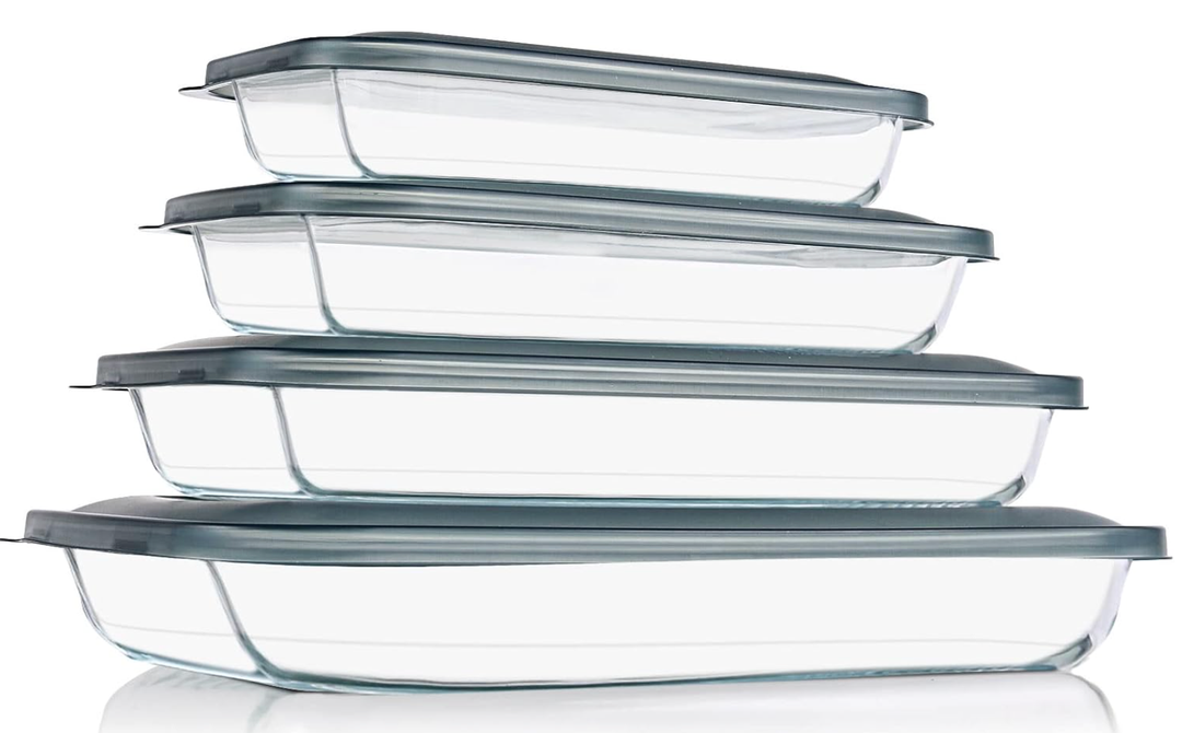 KOMUEE 8 Pieces Glass Baking Dish with Lids Rectangular Glass Baking Pan Bakeware Set with Lids, Baking Pans for Lasagna, Leftovers, Cooking, Kitchen, FridgetoOven, Gray