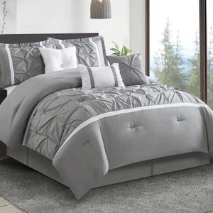 Grey Comforter Set, King, 7 Piece Bed in a Bag, Microfiber Handcrafted Pintucking, All Season Bedding Set with Comforter, Bedskirt, Pillow Shams and Decro Pillows