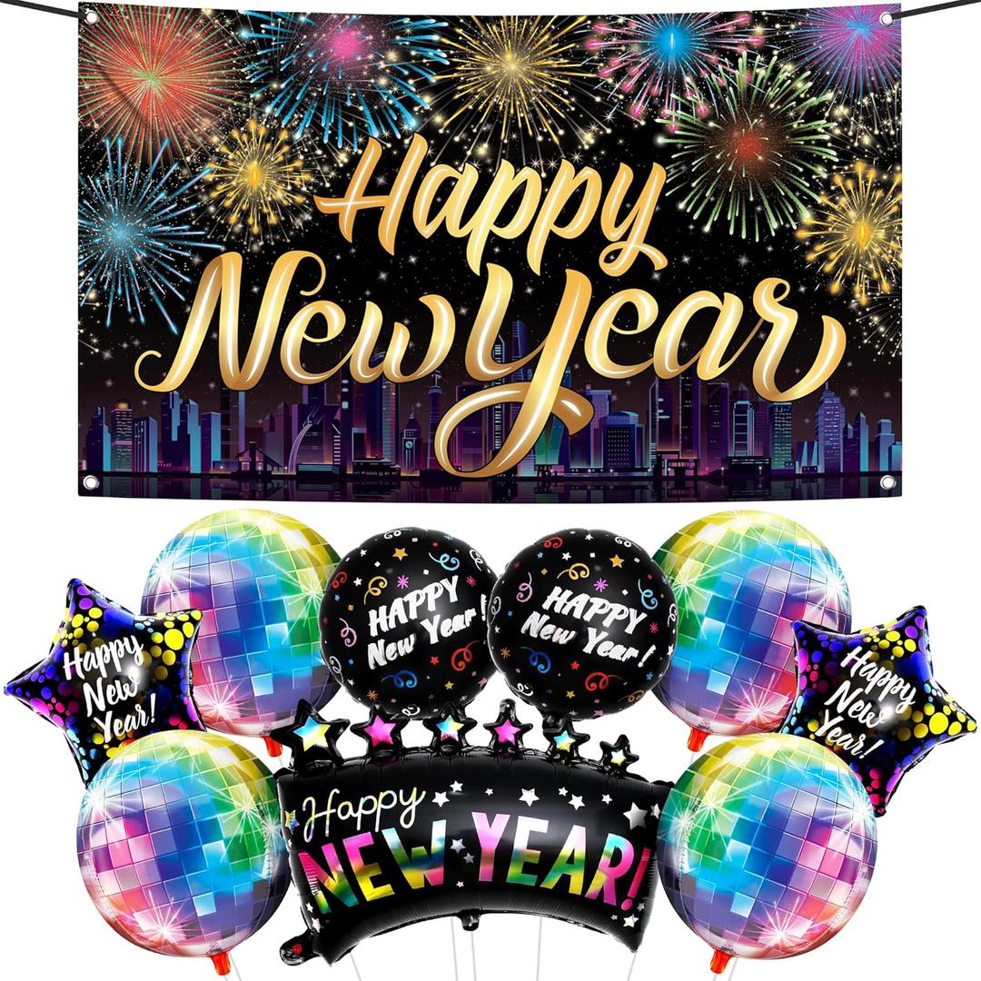 KatchOn, Neon New Years Decorations 2026 Set - Huge, Pack of 10 | Rainbow Happy New Year Banner, New Years Balloons, Disco Balloons for New Year Eve Party Supplies 2026 | NYE Decorations 2026