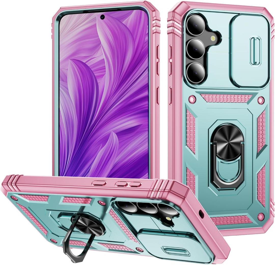 for Samsung Galaxy S25 FE Case with All-Angle Rotating Kickstand & Sliding Camera Cover - Heavy Duty Shockproof Protective Cover, Green Pink