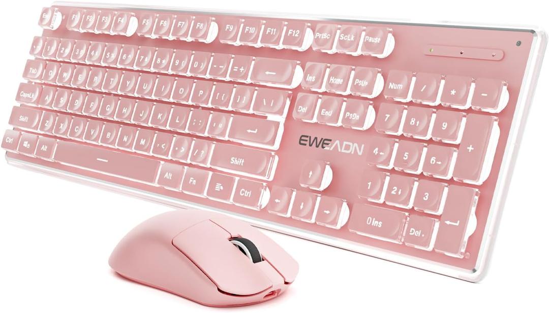 SEUNKWANG V3 Wireless Keyboard and Mouse with Single Backlit, Metal Panel, Bluetooth/2.4G Rechargeable Computer Keyboard and Mouse Combo Silent Lighted Full Size Cute Keyboards-Pink