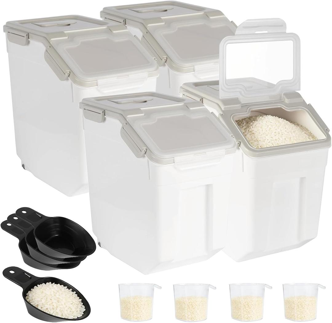 4 Pack Rice Container 25 lbs Large Bulk Flour Sugar Storage Holdhouse Plastic Grain Cereal Dry Goods Bin with Spoon and Measuring Cup for Kitchen Pantry Organization - Grey, 12.6''*9.05''*14.17''