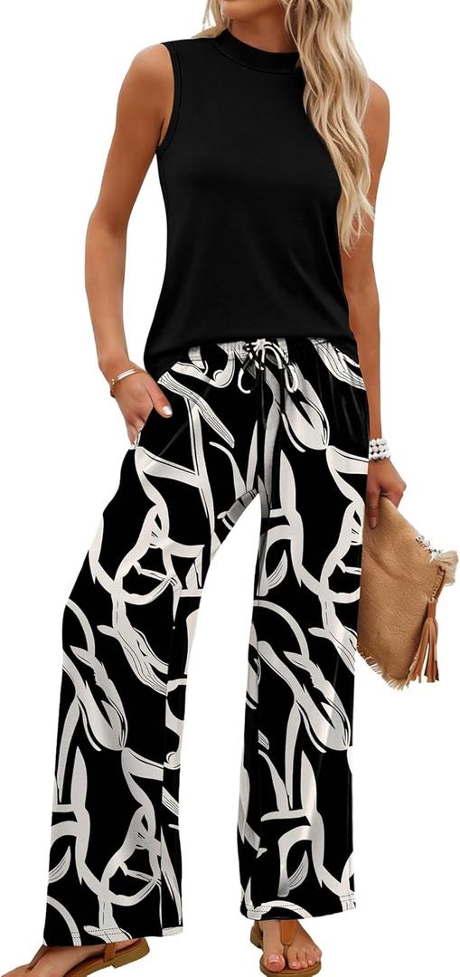 WIHOLL Two Piece Set for Women Summer Spring Outfits Cruise Travel Airport Beach Vacation Mock Neck Wide Leg Pants Set (Black, XL)