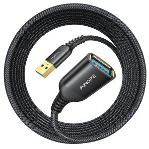 AINOPE 2 Pack USB Extensions Cable High Speed USB 3.0 Extension Cord Type A Male to Female Sturdy Braided Material Fast Data Transfer Compatible with USB Keyboard, Mouse, Flash Drive,Black,16FT+16FT