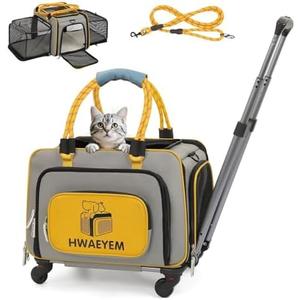 Pet Dog Carrier with Wheels, 2 Sides Expandable Dog Carriers for Small Dogs and Cats, Breathable Travel Carrier for Pets up to 20 LBS, Shoulder Strap as Dog Leash