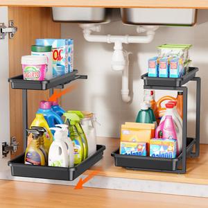 Sotfamily Under Sink Organizer and Storage, Pull Out Under Cabinet Organizer 2 Tier Bathroom Sink Organizers with Upgraded Stability, Cleaning Supplies Organizer for Kitchen Bathroom, Black, 2 Pack