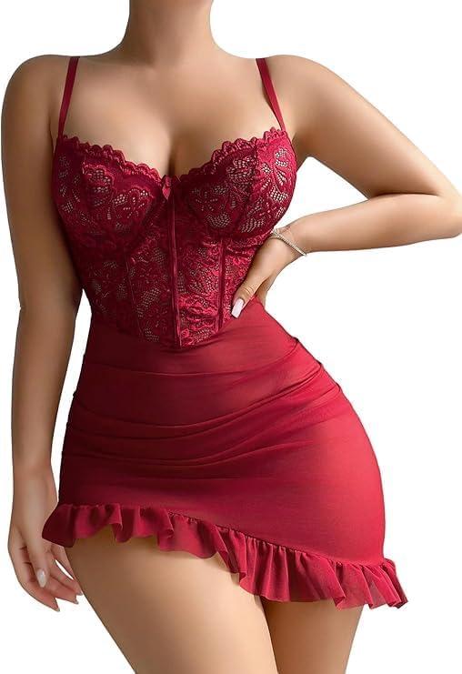 Vicarly Sexy Corset Bodycon Ruffle Floral Lace Sheer Mesh Underwire Babydoll Lingerie Dress Set 2 Piece with Thong Women See Through Ruched Chemise Negligee Wine Red X-Large