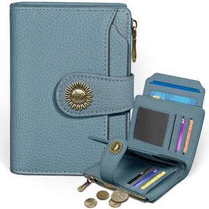 Blue Small Wallet Women RFID Blocking Bifold, Credit Card Holder, Zipper Coin Pocket, PU Leather, Compact, Travel, 4 ID Window, 14 Card Slots, Cash Purse, Ladies Woman Female Girls