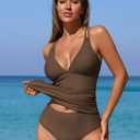 ZAFUL Womens Tankini Swimsuits V Neck Push Up Swim Top Color Block Tummy Control High Waisted Bathing Suits Swim Bottom (L)
