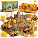 OENUX Play Sand Construction Set, Beach Building Castle Kit w/ 2.2lbs Play Sand, 4 Take Apart Construction Trucks Toys and Signs, Sensory Sandbox with Cover for Boy Girl Kid Toddlers Age 3-8