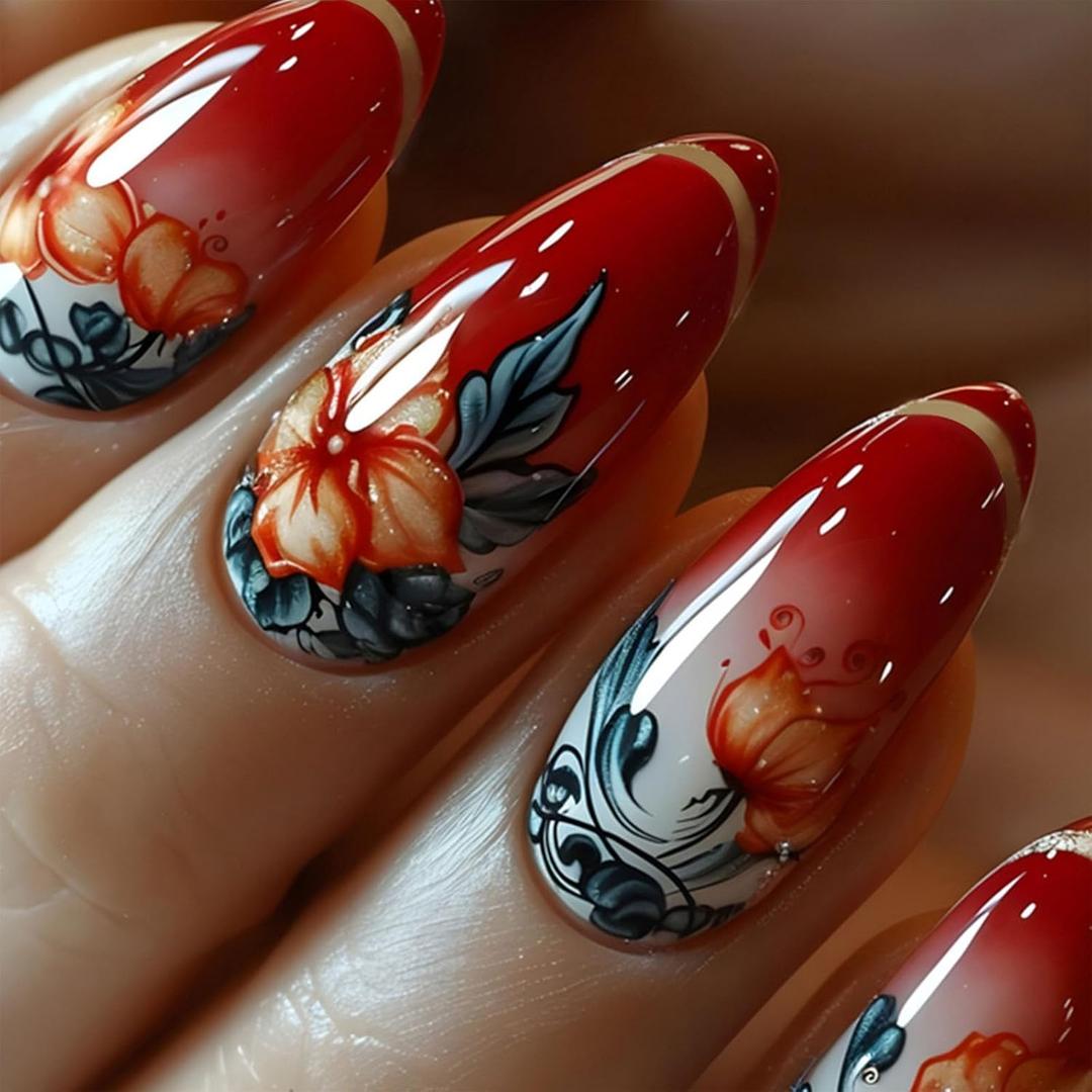 8 x IMSOHOT Press on Nails Medium Almond Fake Nails Red Orange Flower False Nails with Design Glossy Gradient Artificial Acrylic Full Cover Stick on Nails for Women Manicure