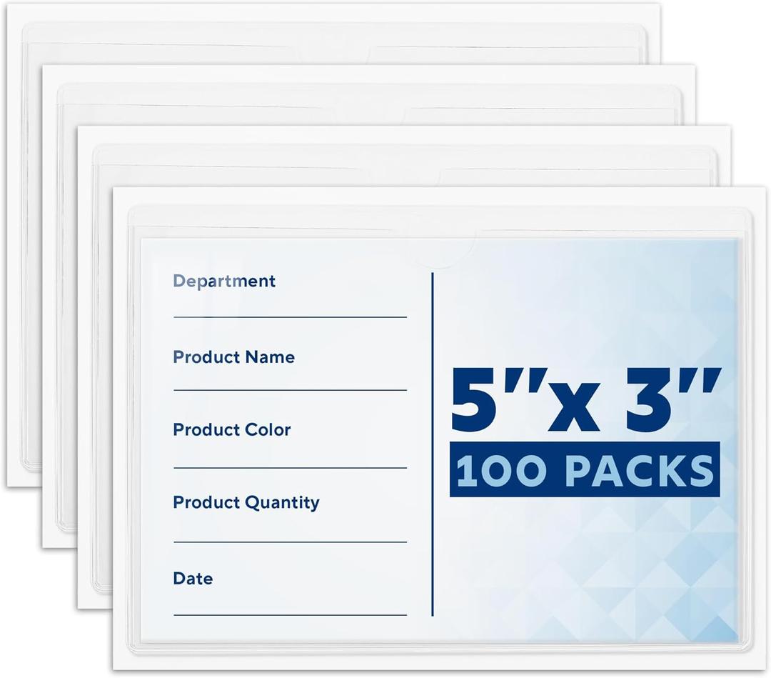 Mifflin-USA - Index Card Holder - 3x5”, 100 Pack - Clear Self-Adhesive Pockets - Label Holders for Organizing Storage Bins & Containers - Plastic Sleeves for Protecting Cards & Labels