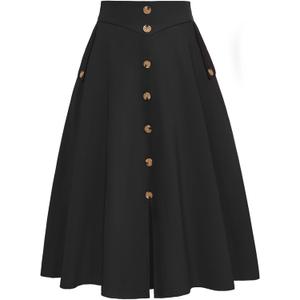 Belle Poque Womens Midi Skirt High Waist A Line Skirts Button Front Slit Flared Skirt Vintage Skirts with Pockets (Black, S)