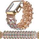 VIQIV Bling Dressy Bracelet with Case Compatible with Apple Watch Bands 38mm 40mm 41mm 42mm 44mm 45mm 49mm for Women Strethy, Stretch Smart Watch Bands for Women, Cute Jewelry Metal Wristband Strap for iWatch Ultra 2/Ultra Series 9/8/7/6/5/4/3/2/1/SE (Gold Colorful)