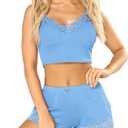 RSLOVE Pajamas Set Women's V-Neck Sleeveless Sleepwear PJ Set Soft Lace Cami Set with Short Pants Nightwear (Blue, XXL)
